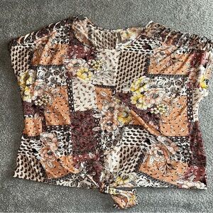 Perseption Relaxed Tie Front Blouse in Brown and Cream